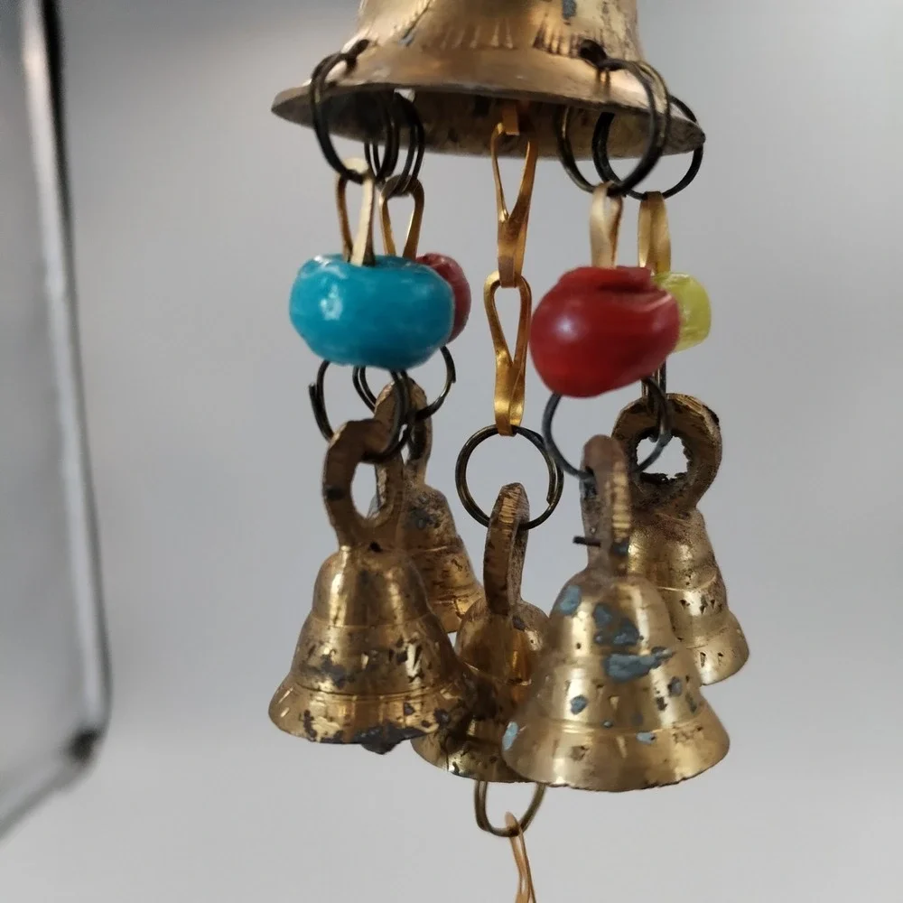 Vintage Brass Cluster Wind Chime Mini Temple Bells Boho Hanging Decor with Beads